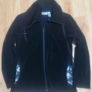 Chicos Travelers Black Zipper Front Jacket Size small .  Patterned pocket